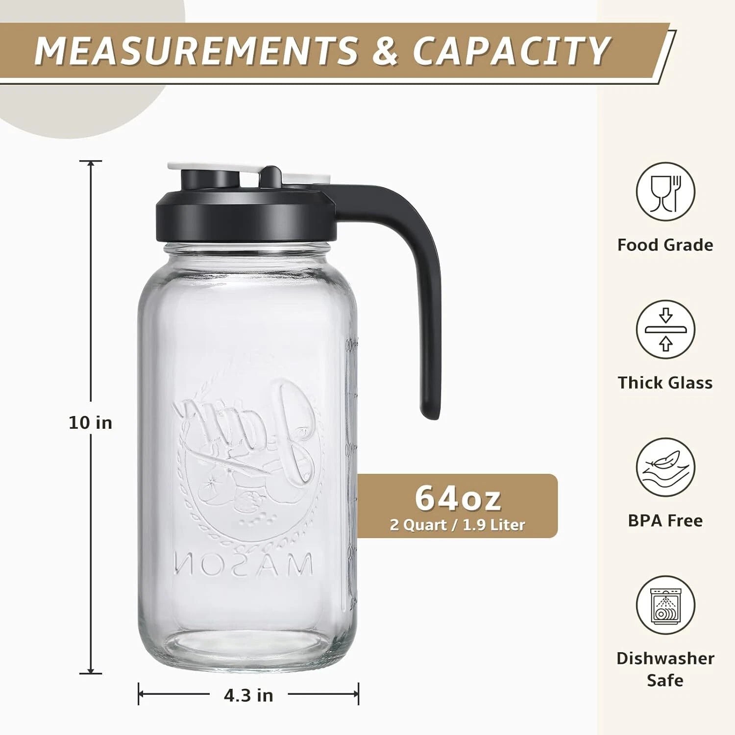 64 oz Glass Pitcher with Lid - 2 Quart Mason Jar Pitcher with Filter Lid 07FC0E-D4 - KOEEK