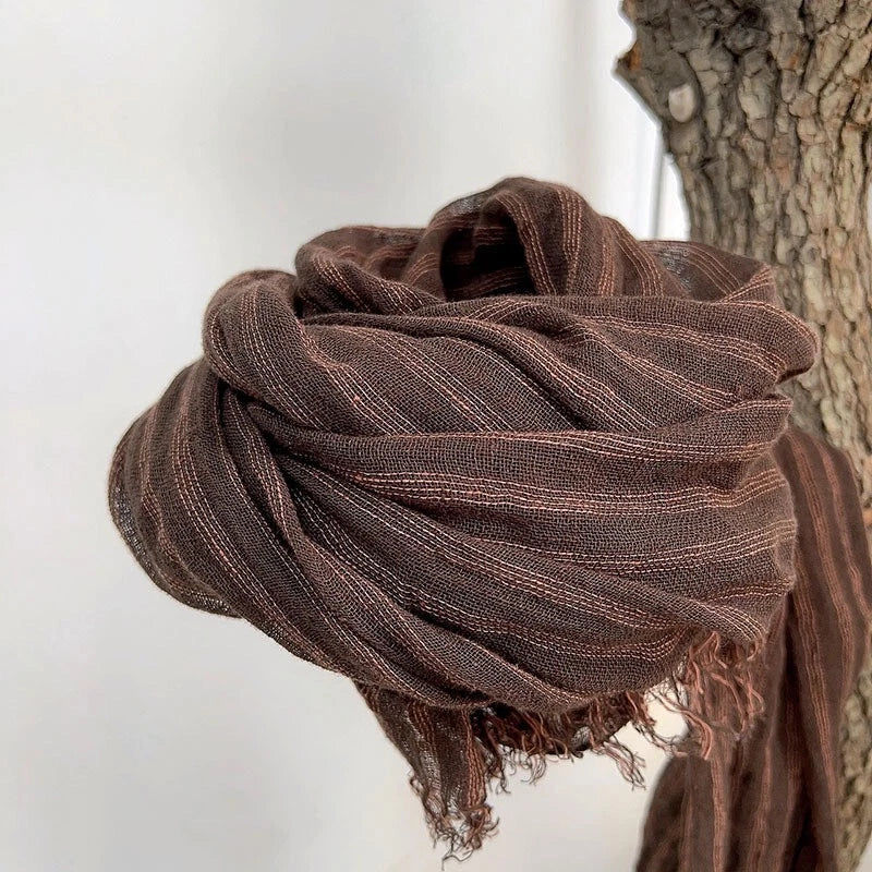 Mens Flax Linen Cotton Striped Breathable Brown Scarf Unisex Shawl Neckerchief 07FC0E-D4 - KOEEK
