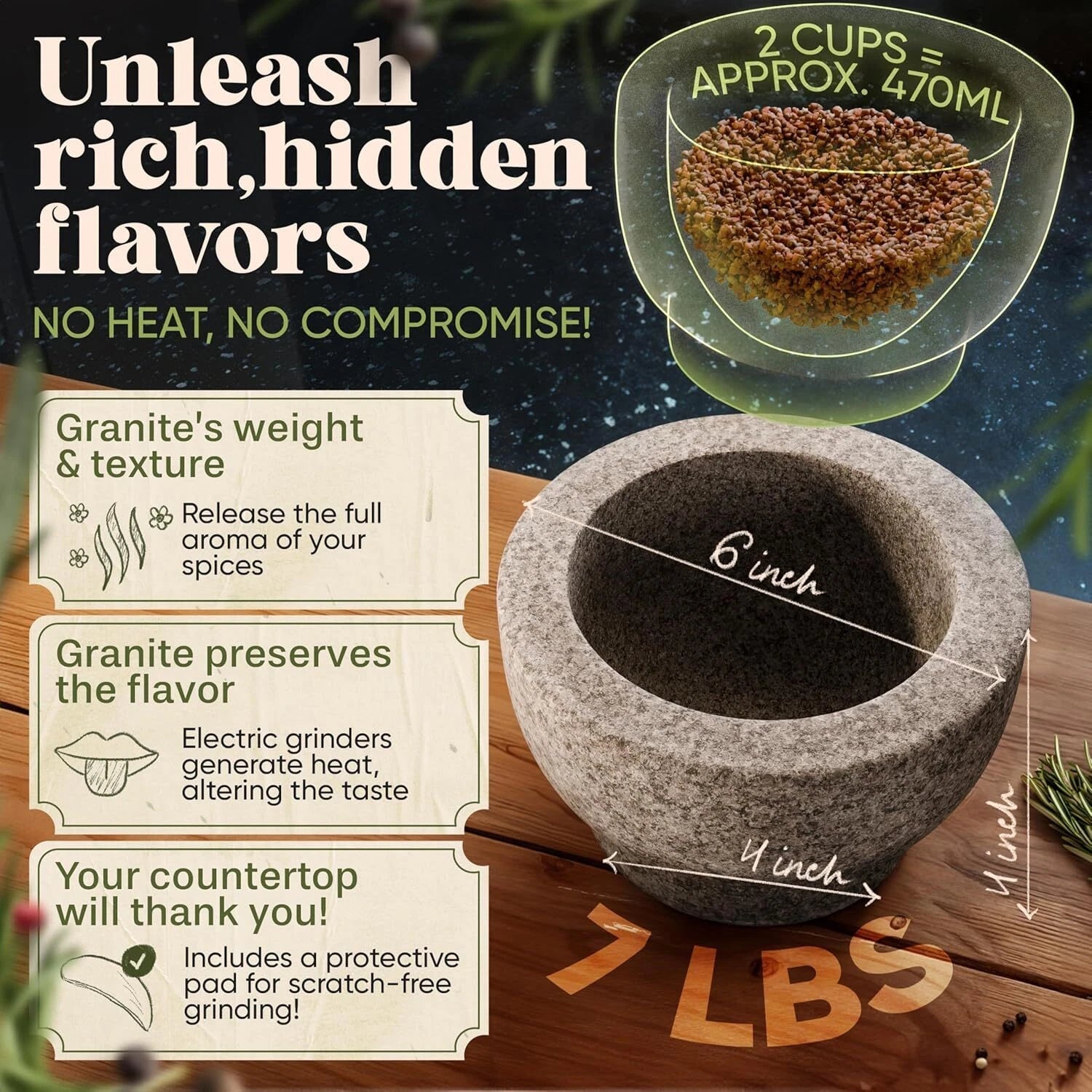 Mortar and Pestle Set - 6 Inch - 2 Cup Capacity - Unpolished Heavy Granite 07FC0E-D4 - KOEEK