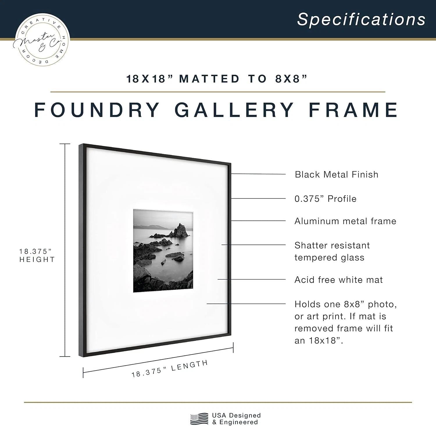 Metal Gallery Wall Frame, Black, 18x18-inch Matte to 8x8-inch 07FC0E-D4 - KOEEK