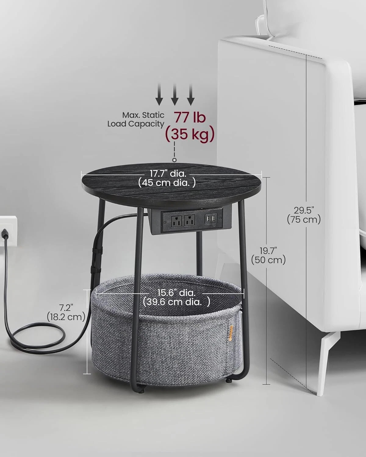 Side table with charging seat, round end table with fabric basket, slate gray 07FC0E-D4 - KOEEK