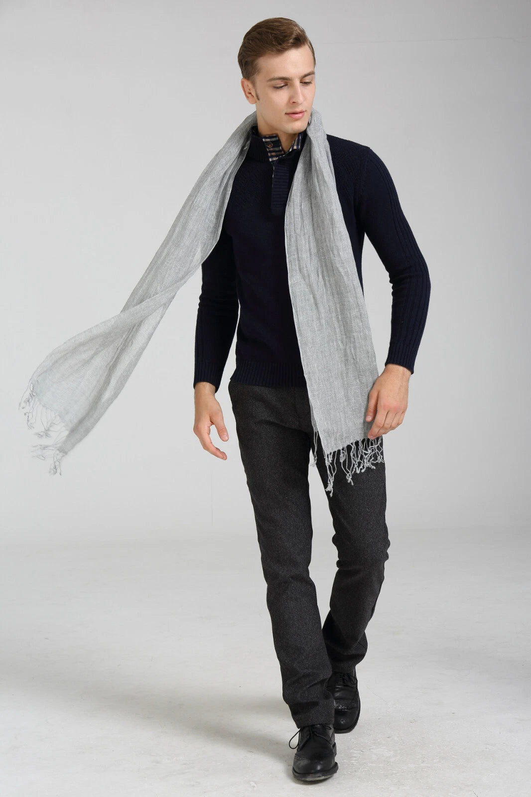 Mens  Flax Linen Breathable Scarf Solid Tassel Unisex Shawl Soft Neckerchief 07FC0E-D4 - KOEEK