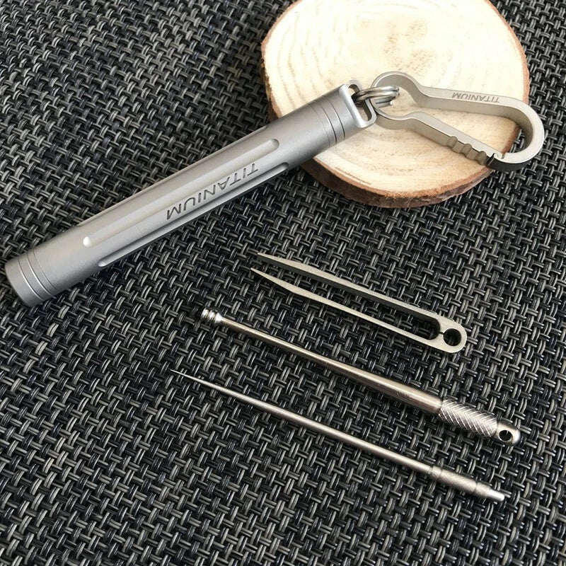 EDC Outdoor Key Titanium TC4 Multi Tools Set Holder Toothpick Tweezers Earpick EDC - KOEEK