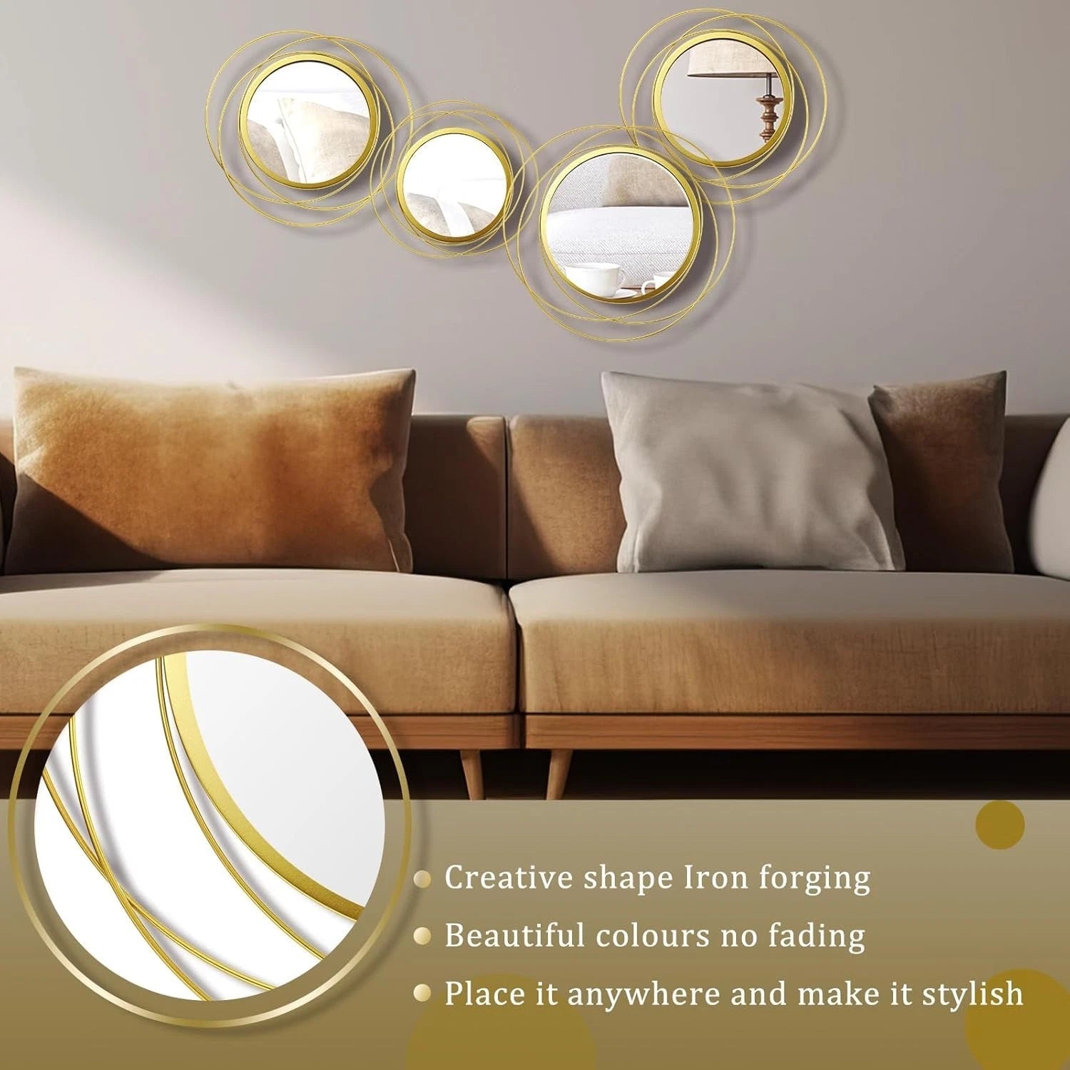 4 Pcs Decorative Wall Mirror Round Mirror Gold Circle Mirror Ring Metal Mirror 07FC0E-D4 - KOEEK