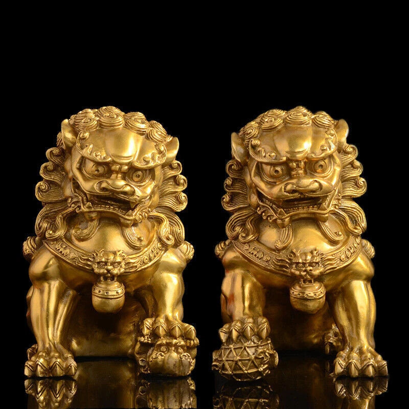 Feng Shui Chinese Bronze Lion Statue Copper Evil Guardian Door Fu Foo Dog A Pair 07FC0E-D4 - KOEEK