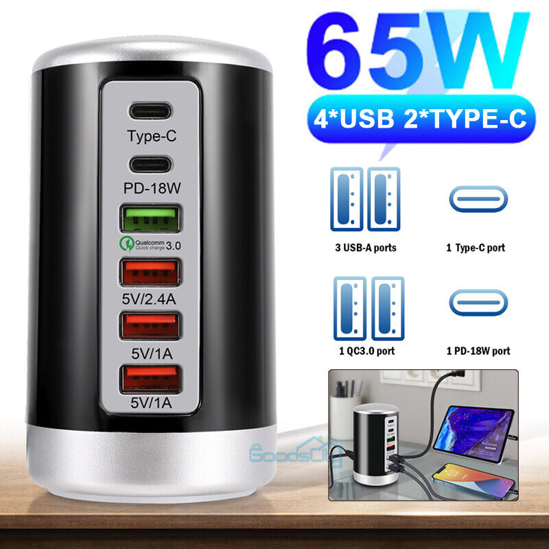 ny 6 Multi Port USB Type-C Hub Laderstasjon Tower Desktop Lader Strømadapter