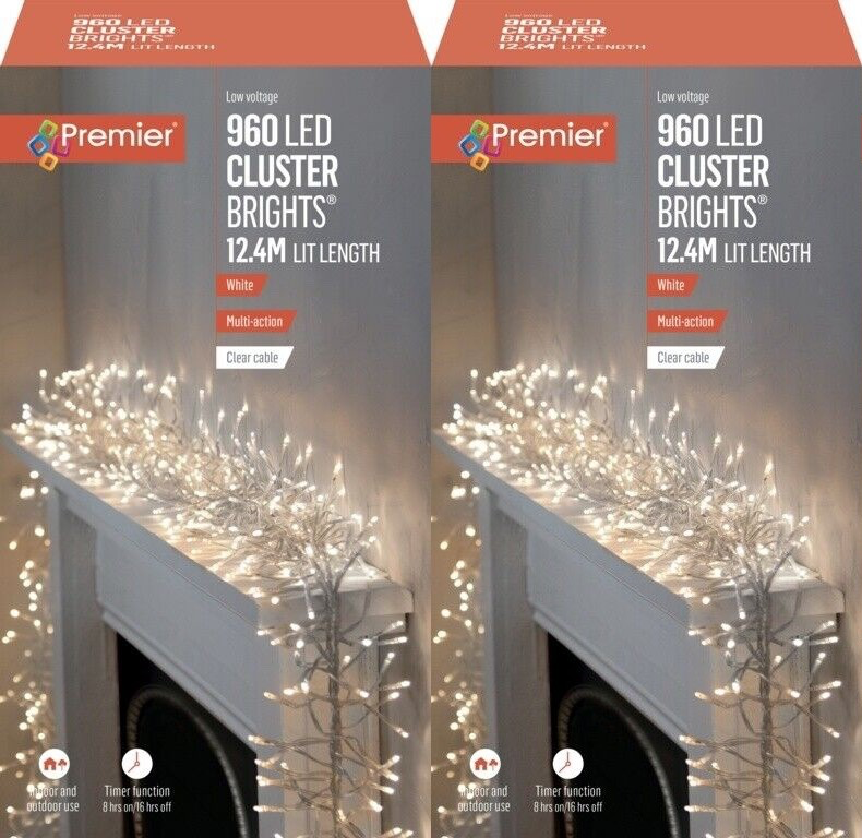 2x Premier 960 LED Cluster Multi-Action Christmas Tree Lights Clear Cable WHITE PREMIER - KOEEK