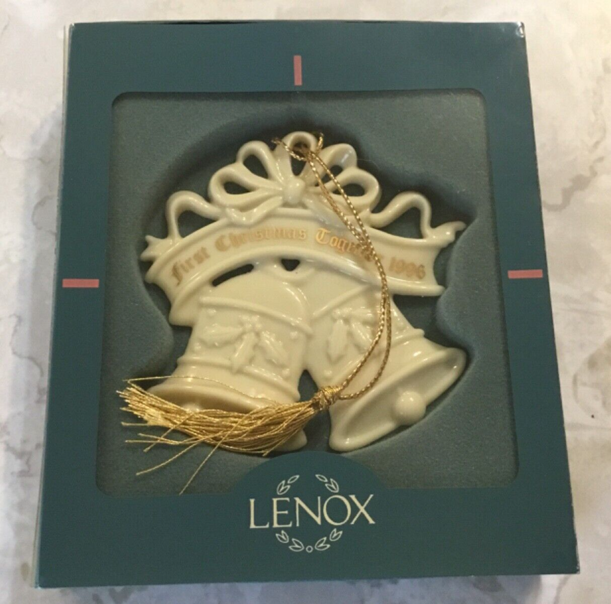 Lenox "Our First Christmas 1996" Holly on Wedding Bells, Bow & Ribbon Ornament LENOX - KOEEK