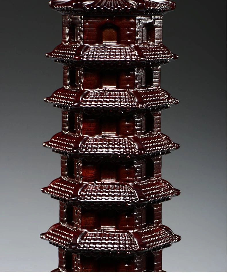 Ebony Wood Wenchang Pagoda 15cm Hand Carved Desk Home Office Decor Ornament 07FC0E-D4 - KOEEK