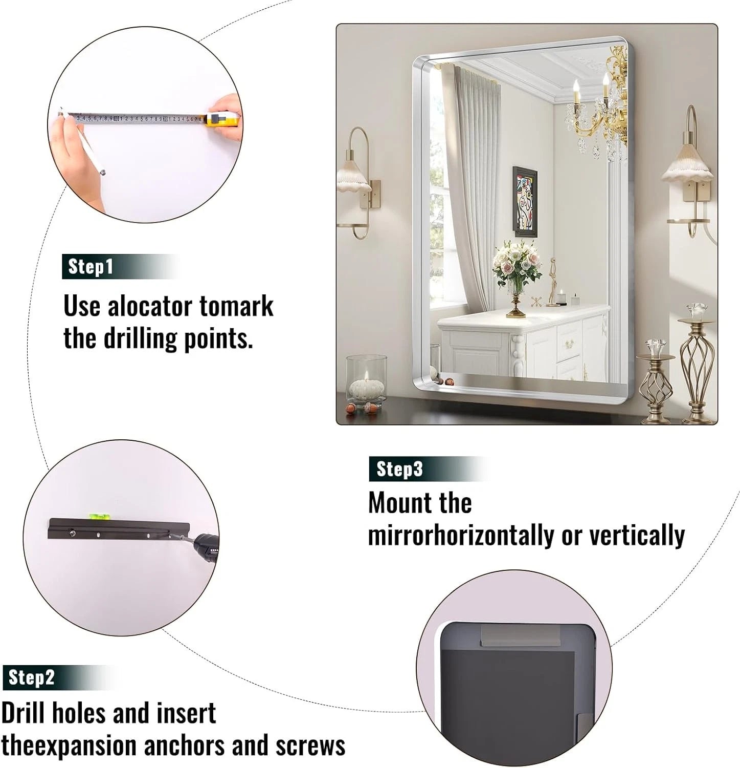 Silver Bathroom Mirror for Wall, 30x22''Rectangular Aluminum Alloy Framed Mirror 07FC0E-D4 - KOEEK