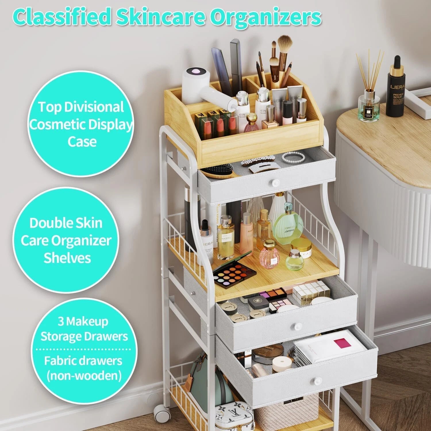 Floor Standing Makeup Organizer - Skin Care Organizer and Storage with Drawers 07FC0E-D4 - KOEEK