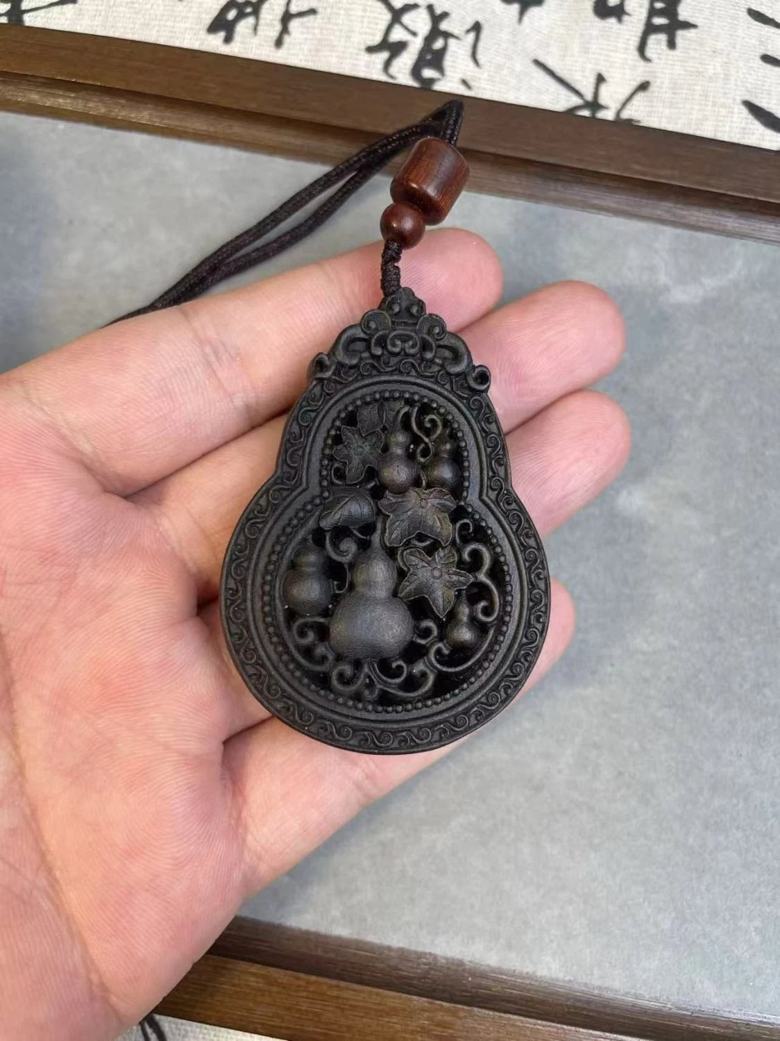 Agarwood Double Sided Carved Hollow Gourd Pendant  Charm Necklace 07FC0E-D4 - KOEEK