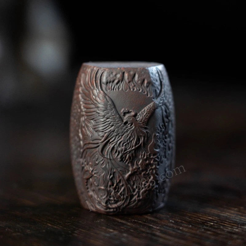5.2cm Yixing Purple Clay Handcarved Dragon Phoenix Lid Saucer Tea Pet Ornament 07FC0E-D4 - KOEEK