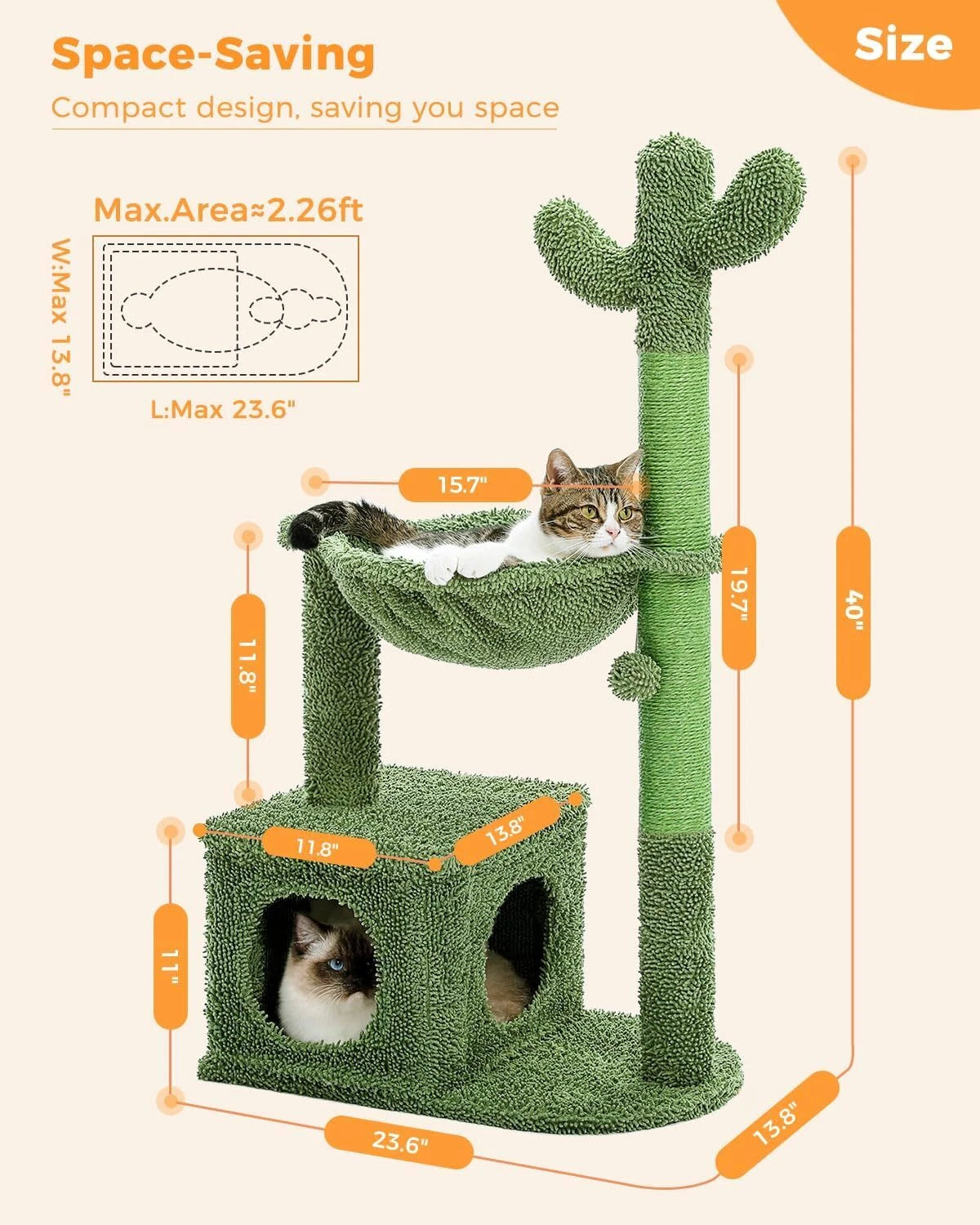 40” cat tower with large metal carpeted hammock, indoor scratching post for cats 07FC0E-D4 - KOEEK