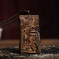 Natural Borneo Agarwood Pendant Landscape Carving Peace Necklace Charm 07FC0E-D4 - KOEEK