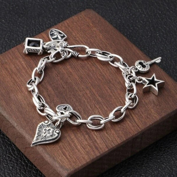 925 Sterling Silver Thick Chain Pendant Charm Bracelet Retro Unique Party Bangle 07FC0E-D4 - KOEEK