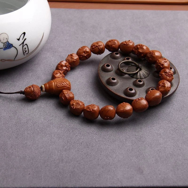 12mm Natural Walnut Handcarved Eighteen Arhat Hand String Amulet Bracelet 07FC0E-D4 - KOEEK