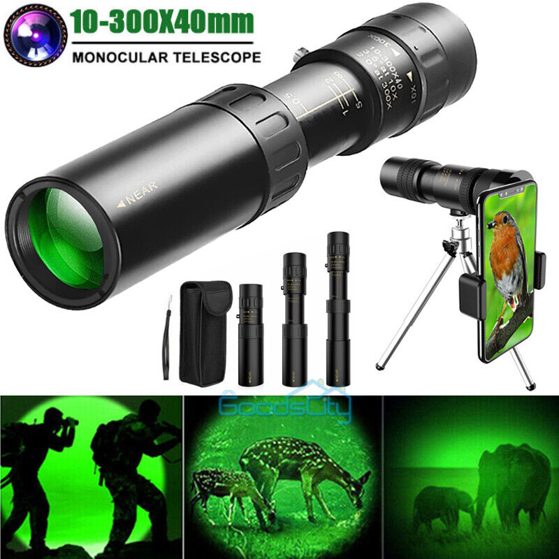 ny 10-300X40 mm monokulær kikkert Night Vision High Power vanntett + stativ og klips