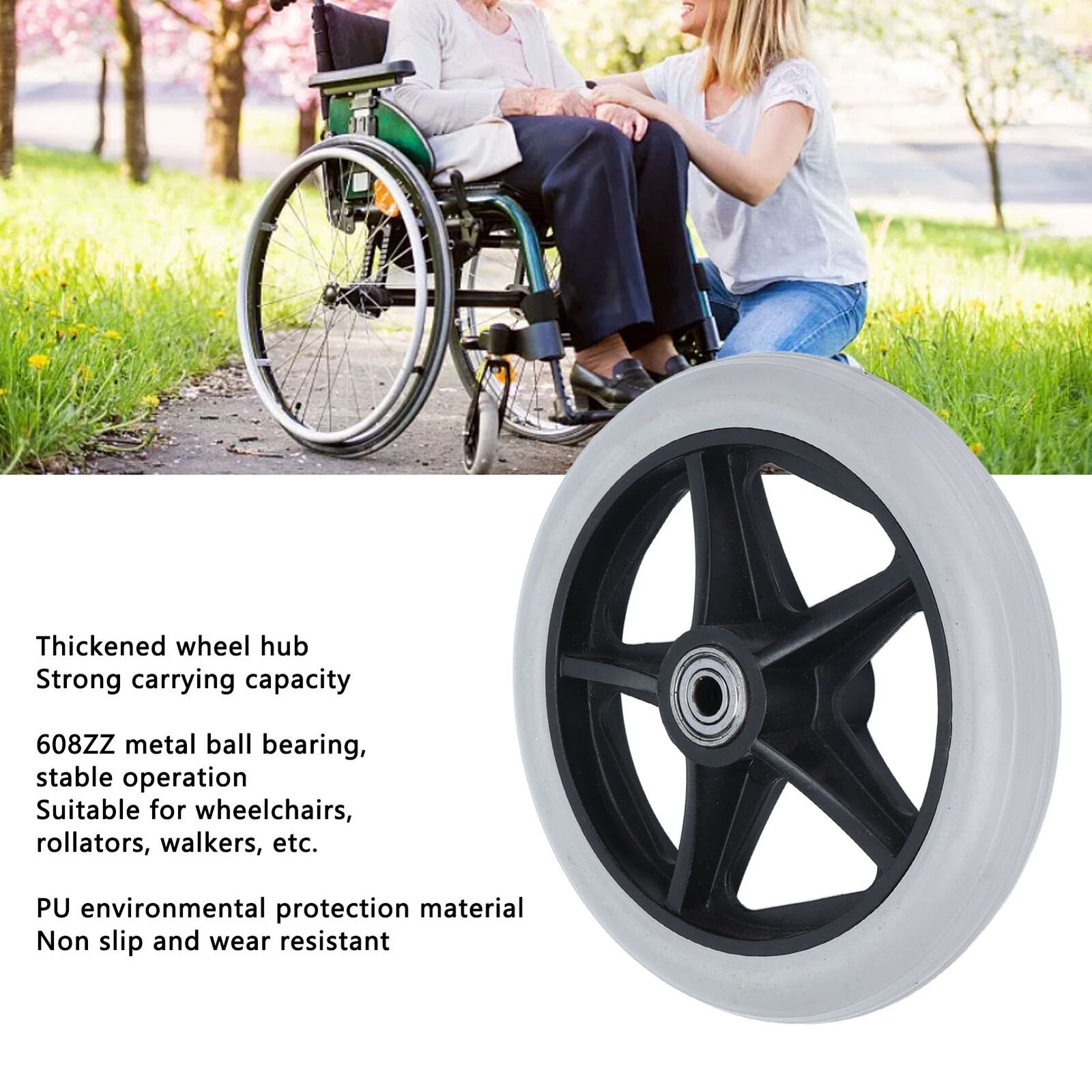 new 6in 5 Holes Solid Wheel PU Wheelchair Rollator Caster Hub 608ZZ Metal Bearing koeek - KOEEK