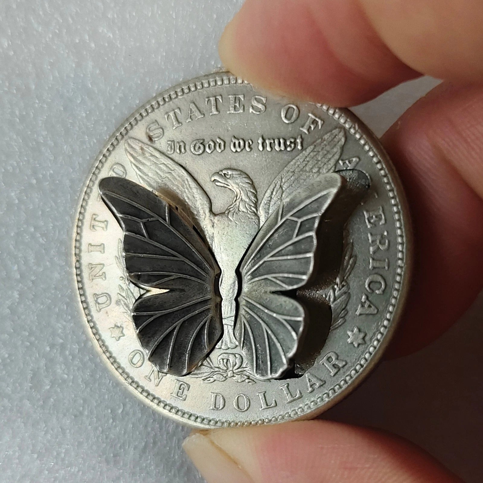 Movable Mechanism Coin " Silver Butterfly"  Plated Amazing Hobo Art 07FC0E-D4 - KOEEK