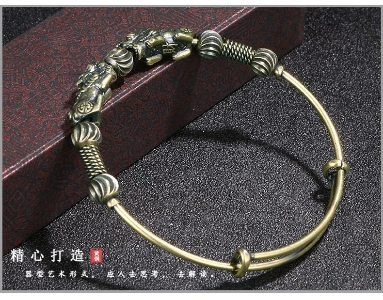 Vintage Brass Bracelet Ethnic Style Pixiu Hand Bead Creative Metal Bangle 07FC0E-D4 - KOEEK