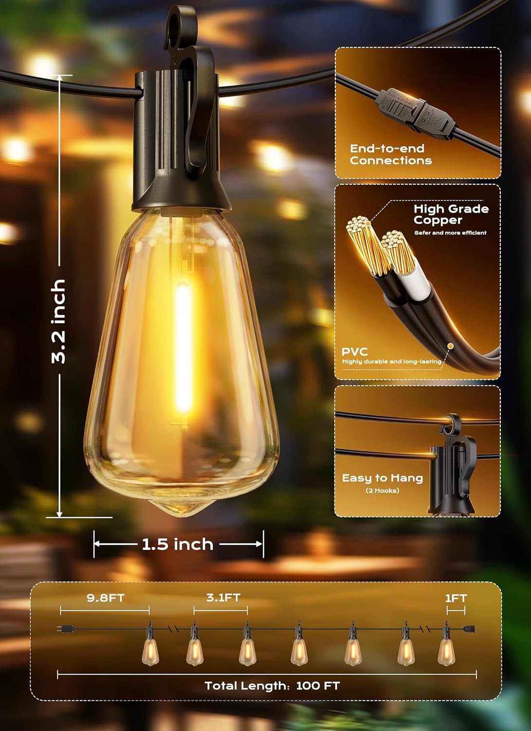 Brightown Outdoor String Lights, 100FT ST38 LED Patio Lights Shatterproof, Dimma BRIGHTOWN - KOEEK