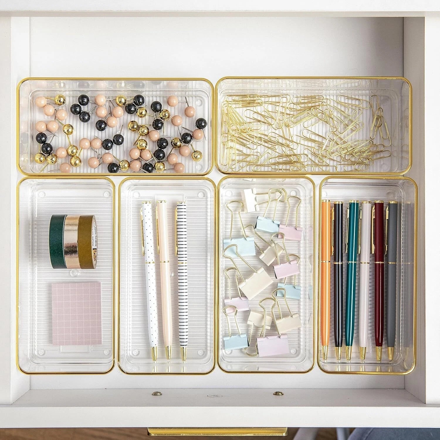 Kerry Plastic Stackable Office Desk Drawer Organizers, 6" x 3", 6 Pack,Gold Trim 07FC0E-D4 - KOEEK