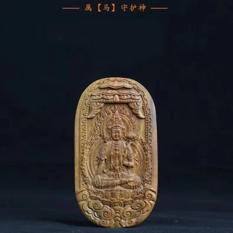 Green Sandalwood Handcarved 12 Zodiac Buddha Statue Guardian God Amulet Pendant 07FC0E-D4 - KOEEK