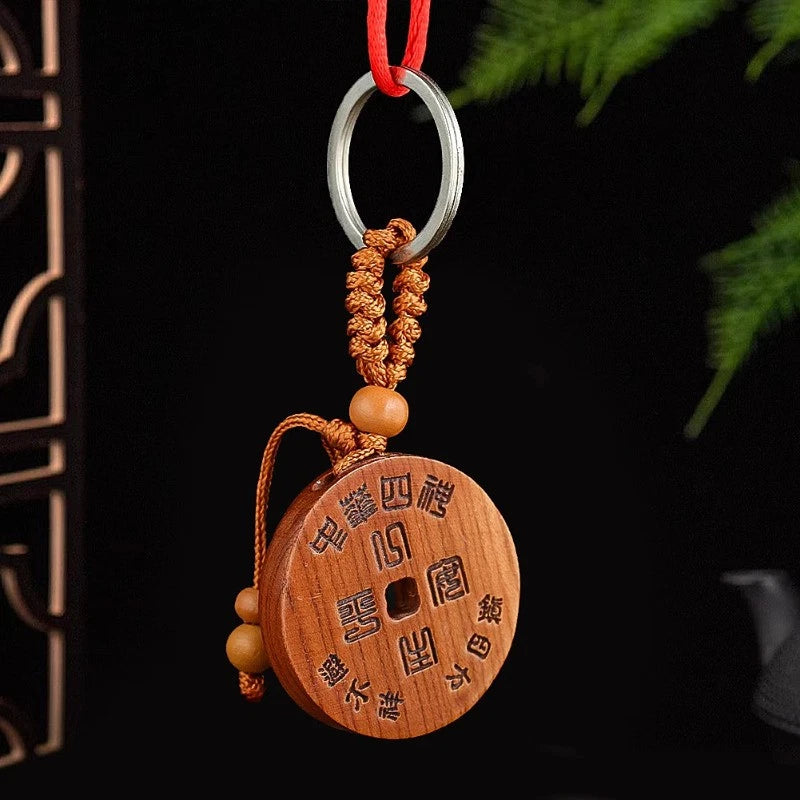 Retro Peach Wood Handcarved Feng Shui Four Divine Beasts Keychain Amulet Pendant 07FC0E-D4 - KOEEK