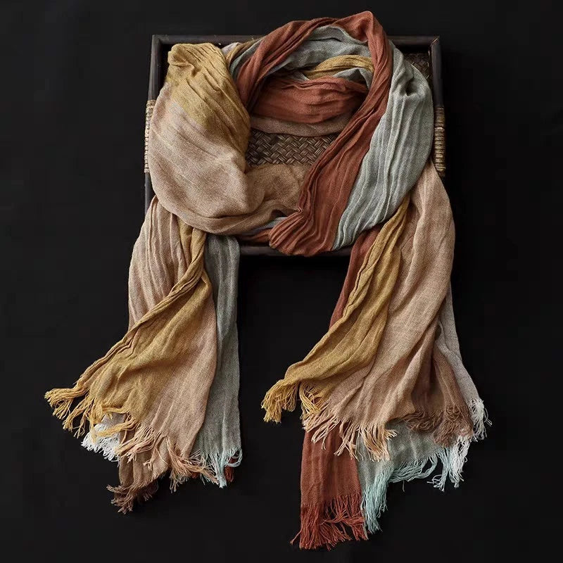 Mens Cotton Linen Colorful Stripe Scarf Shawl Unisex Breathable Soft Scarves 07FC0E-D4 - KOEEK