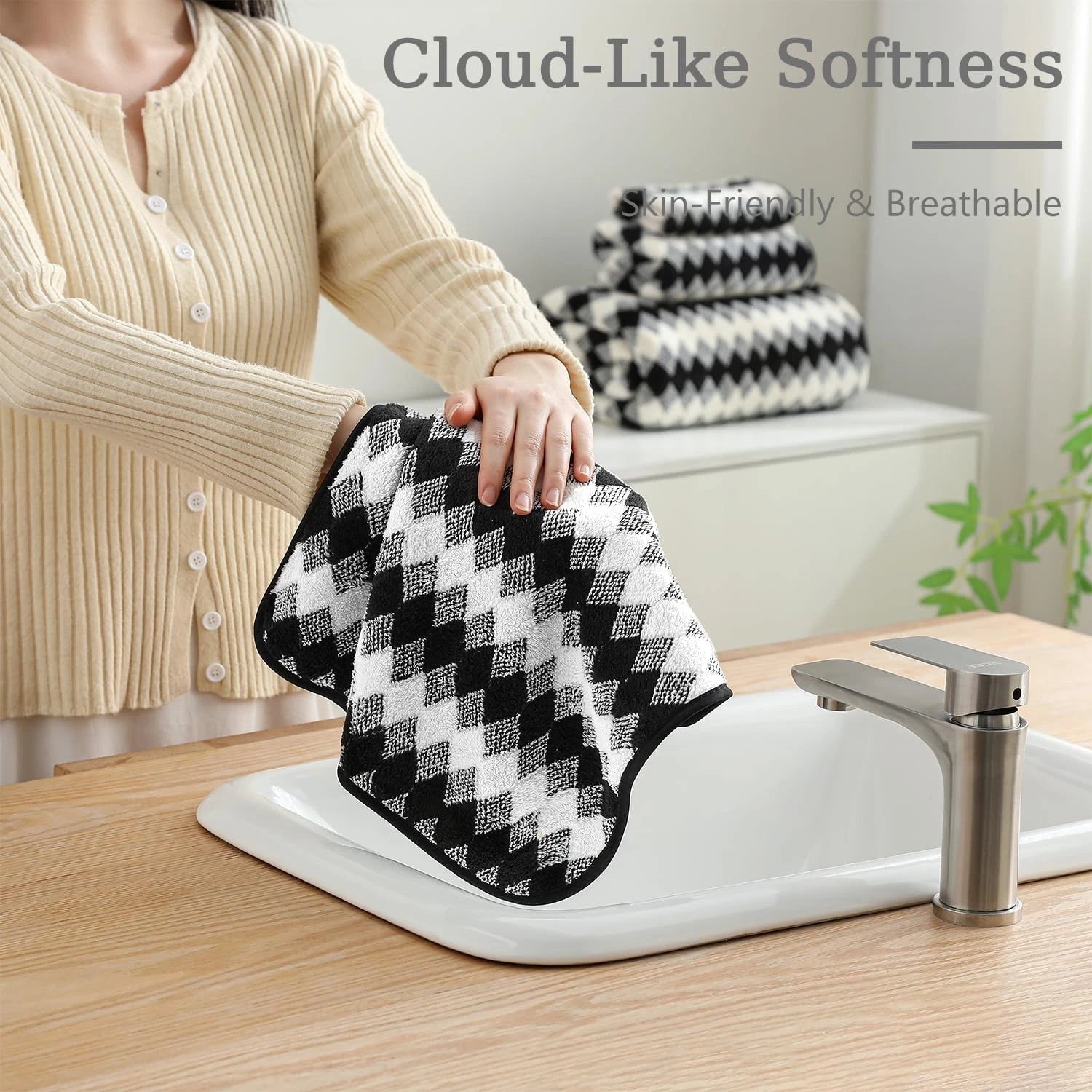 8-piece bathroom towel set (black and white) | 2 extra-large bath towels 07FC0E-D4 - KOEEK