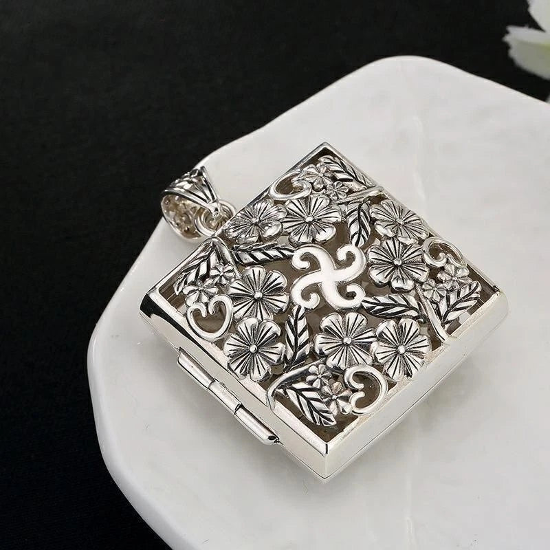 Large Openable Amulet Box Pendant Hollow Plum Blossom Square Storage Necklace 07FC0E-D4 - KOEEK
