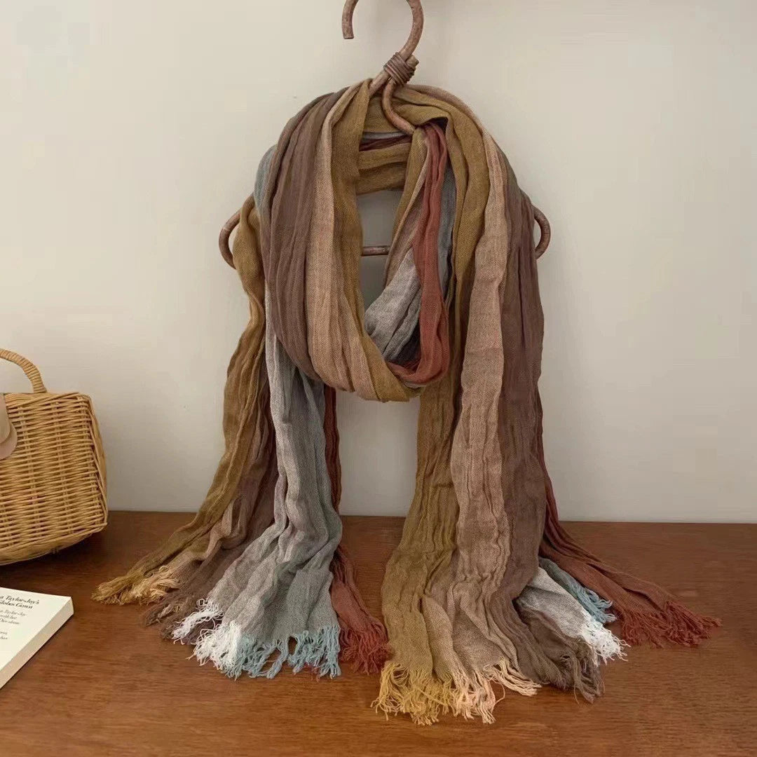 Mens Cotton Linen Colorful Stripe Scarf Shawl Unisex Breathable Soft Scarves 07FC0E-D4 - KOEEK