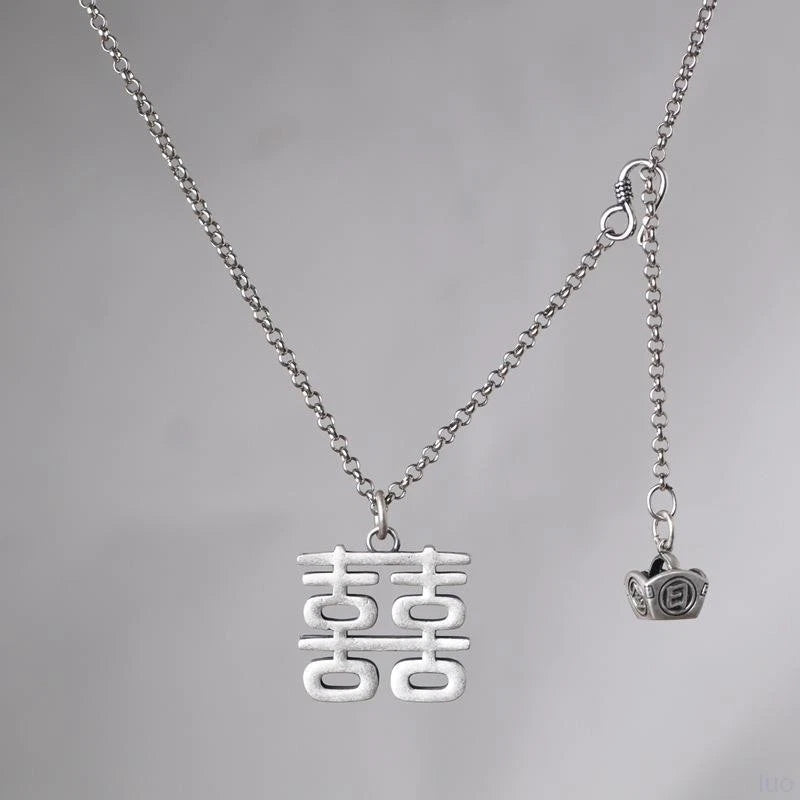 "Xi" Pendant Necklace Double Happiness Long Sweater Chain Silver Plated Vintage 07FC0E-D4 - KOEEK