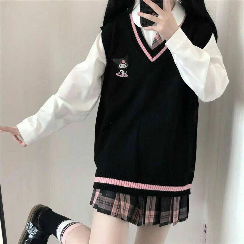 My Melody Cinnamoroll Kuromi Kawaii Cotton Sweater Knit Vest Girl's Uniform Tops 07FC0E-D4 - KOEEK