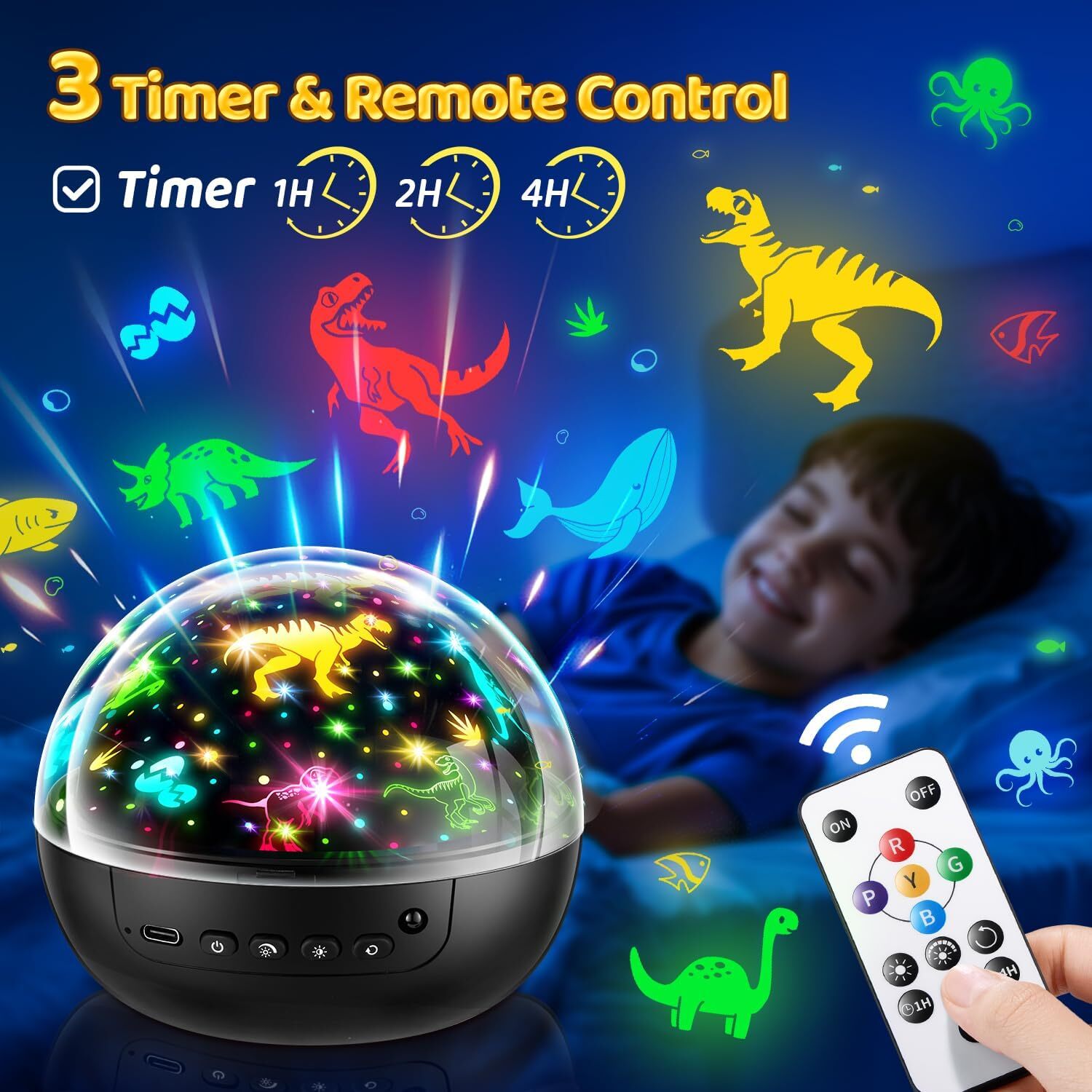 new Kids Night Light Projector for Room, Remote+3 Films+93 Effect Black