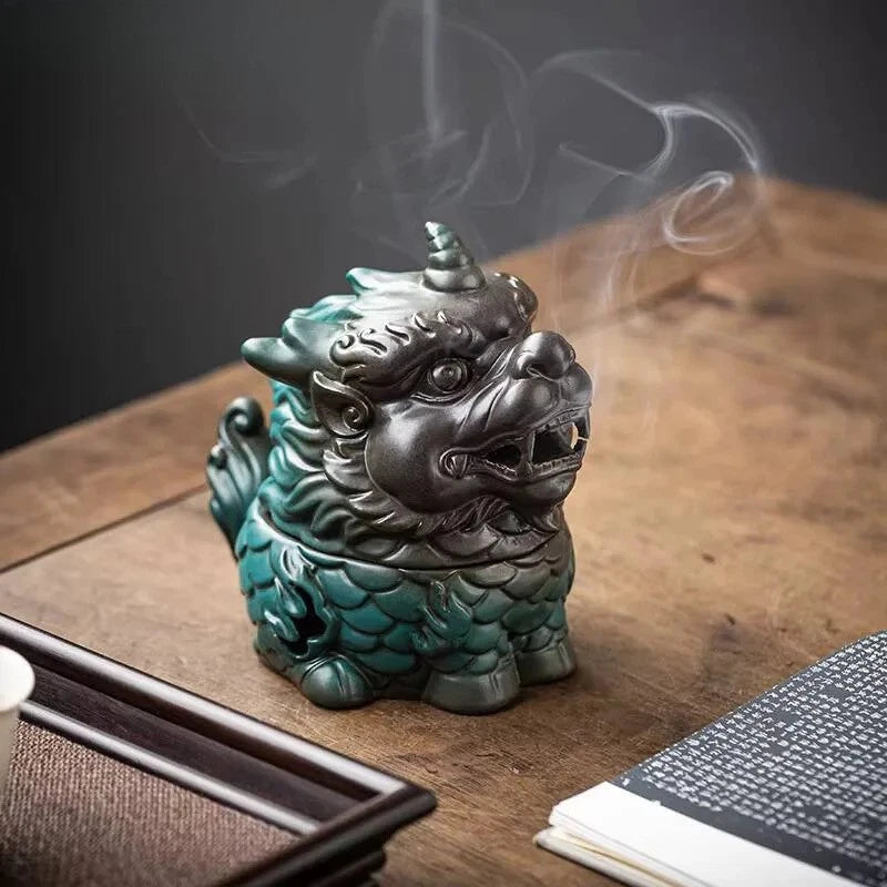 13cm Chinese Ceramic Kirin Incense Burner Auspicious Zen Censer Decoration 07FC0E-D4 - KOEEK