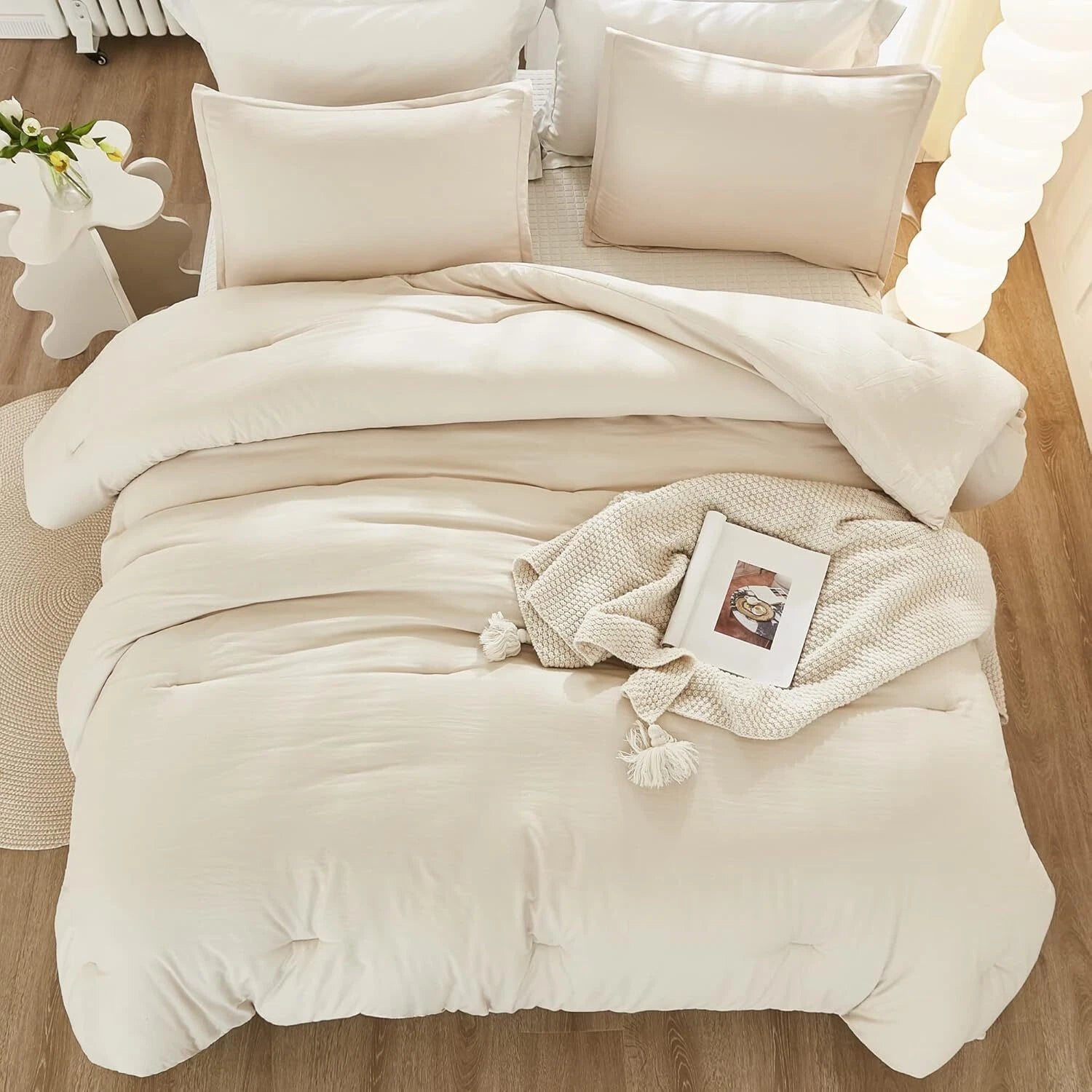 King Size Beige Comforter, 3-Piece Lightweight Bedding Comforter Set 07FC0E-D4 - KOEEK