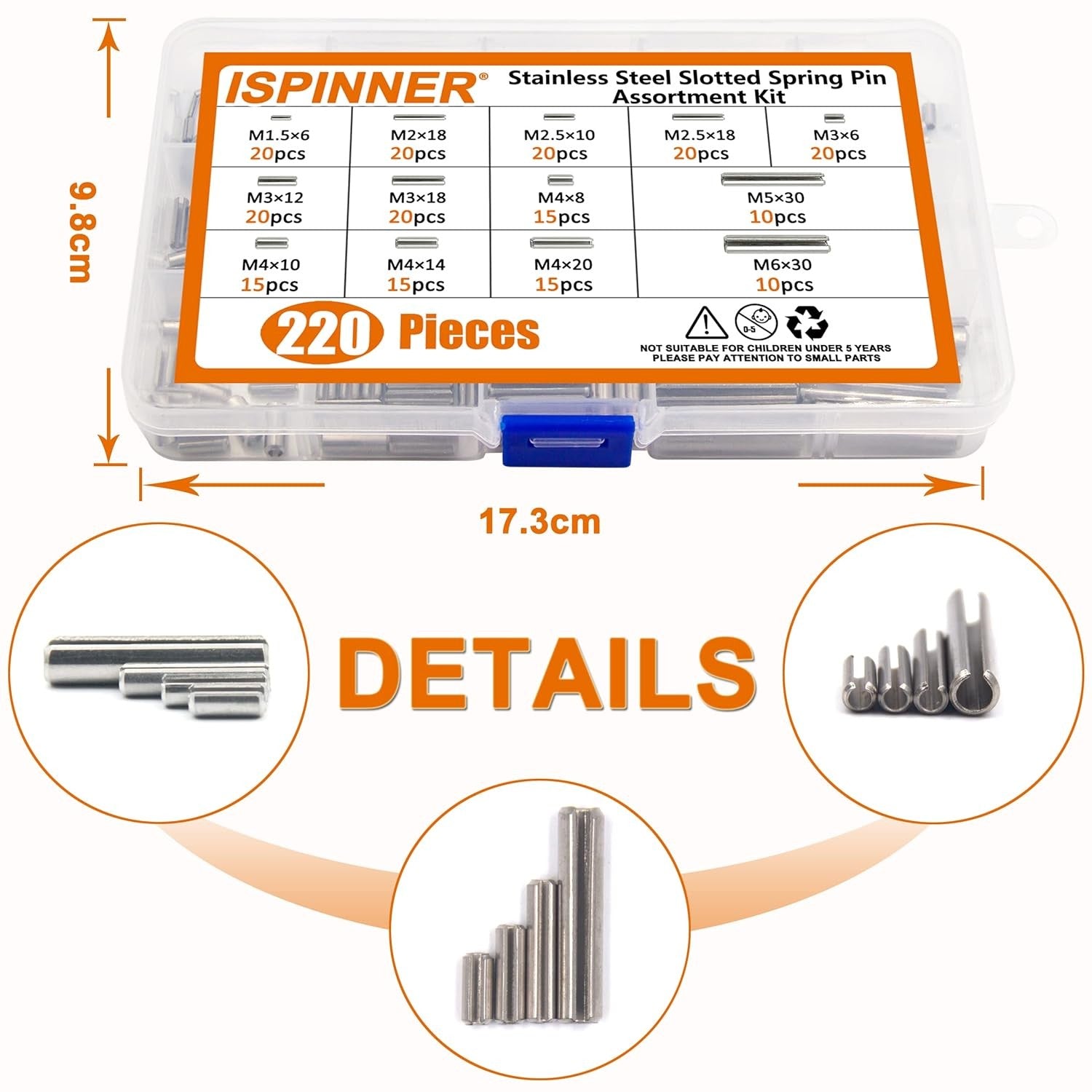 new ISPINNER 220pcs Roll Pin Set, Stainless Steel Slotted Spring Silver