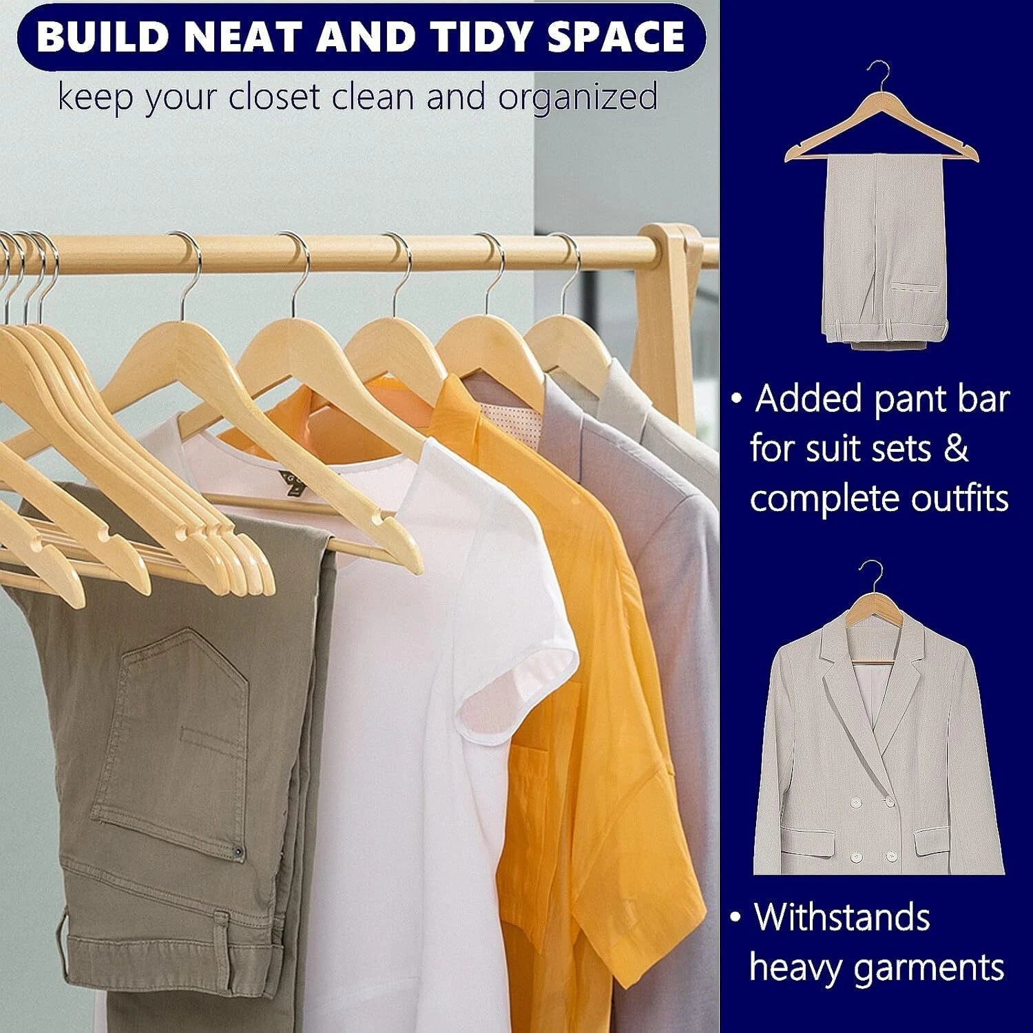 30 Pack Wooden Hanger, Natural Wooden Suit Hanger with Non-Slip Trouser Bar 07FC0E-D4 - KOEEK