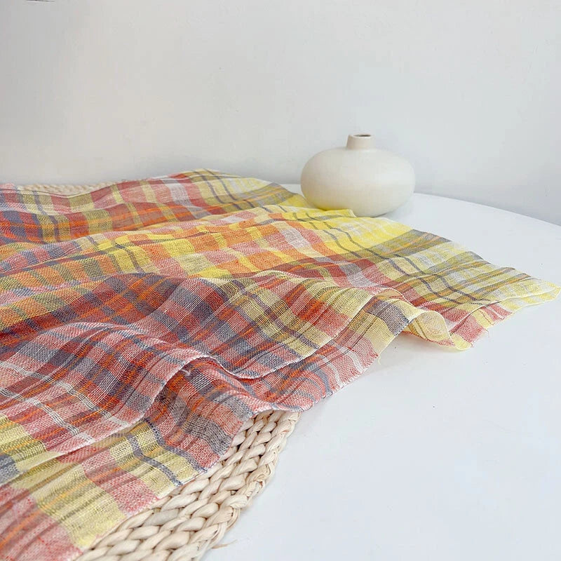 Unisex  Flax Linen Thin Scarf Tasseled Preppy Plaid Shawl Bandana Wrap 07FC0E-D4 - KOEEK