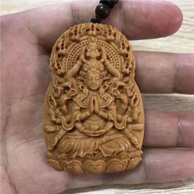 Natural Sandalwood Thousand-hand Guanyin Pendant Amulet Buddha Plaque Necklace 07FC0E-D4 - KOEEK