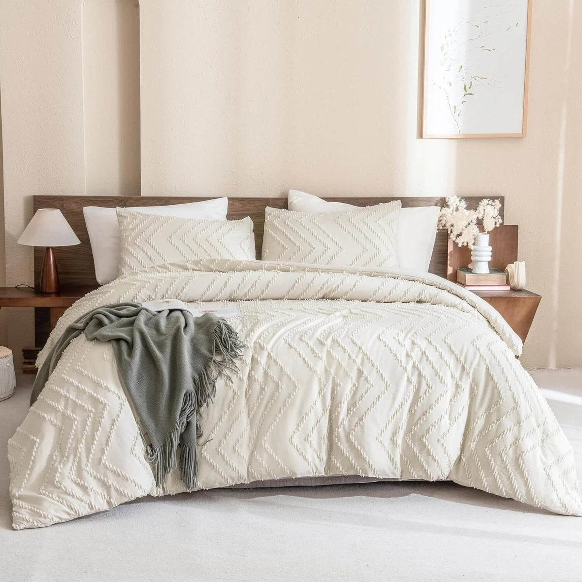 King Size Beige Comforter Set, Bohemian Cream, 3 Piece Set 07FC0E-D4 - KOEEK