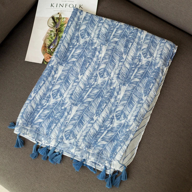 White Blue Geometric Floral Yarn Scarf Tassel Shawl Spring Pashmina Cape 07FC0E-D4 - KOEEK
