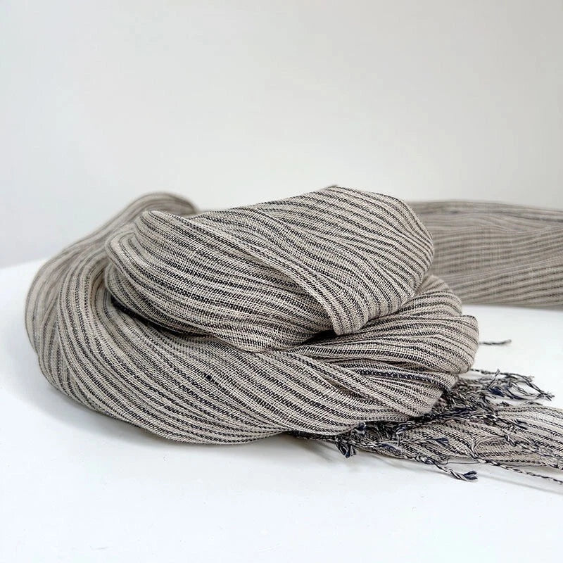 Womens Blue Pinstripe Tasseled Scarf Unisex Soft Flax Linen Bandana Wrap Scarves 07FC0E-D4 - KOEEK