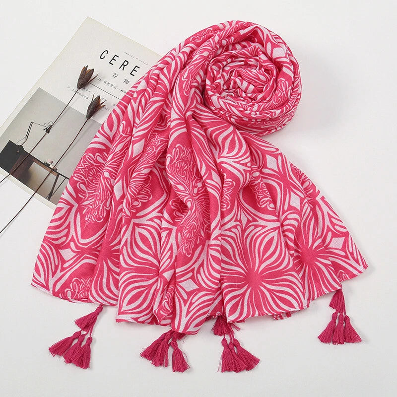 Womens Bright Pink Floral Scarf Tasseled Pashmina Neck Wrap Shawl Bandana 07FC0E-D4 - KOEEK