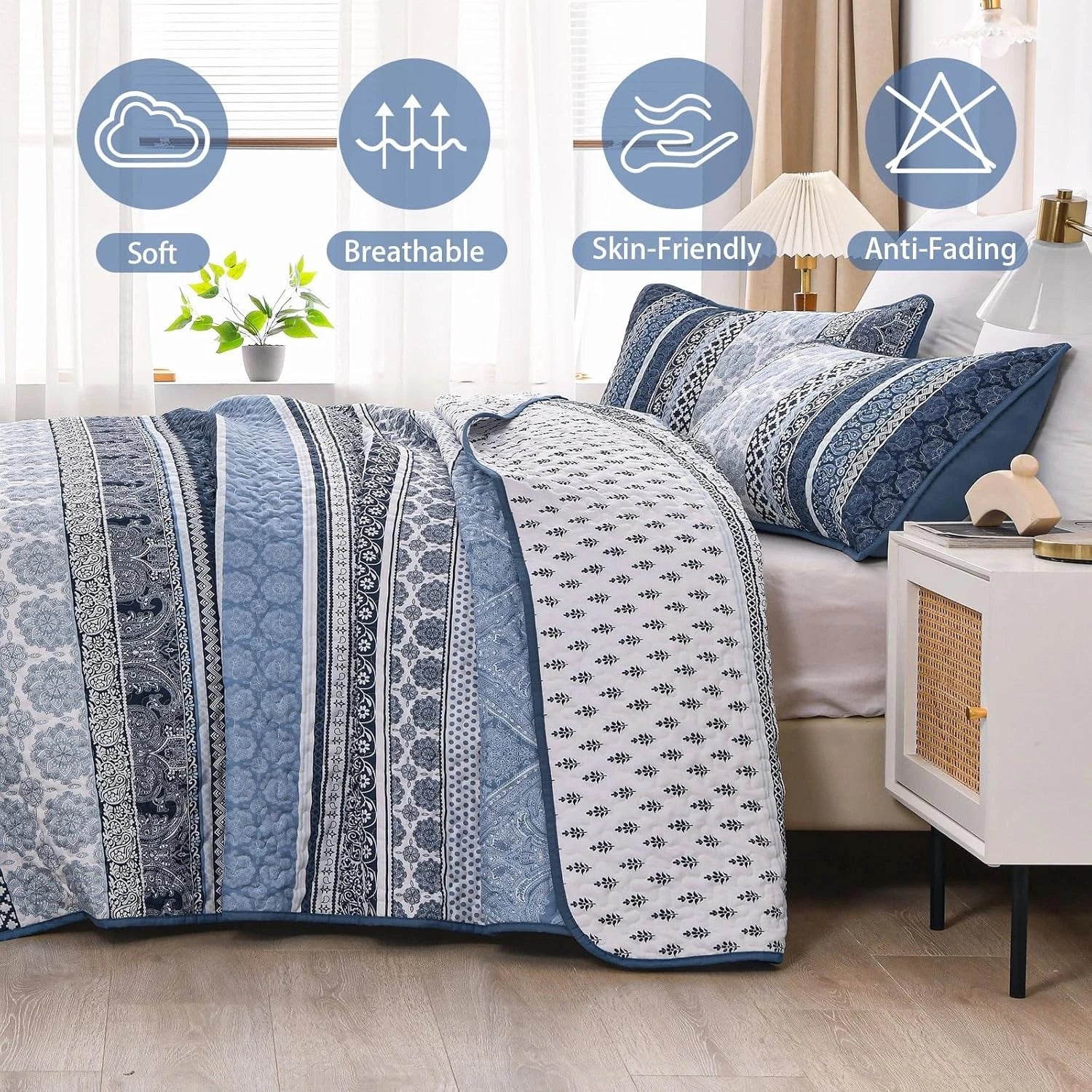 Bohemian Style Quilt Set (Queen Size) Navy Blue Bohemian Style 3-Piece Quilt Set 07FC0E-D4 - KOEEK