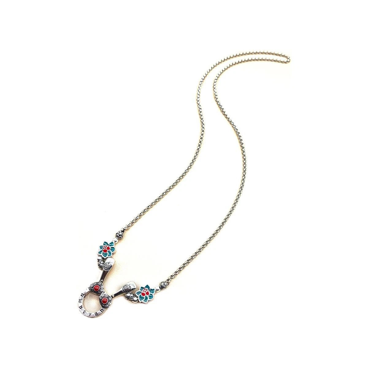 Silver Plated Ruyi Lotus Necklace Vintage Epoxy Craft Chinese Style 07FC0E-D4 - KOEEK
