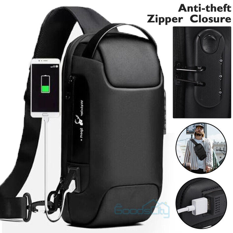 ny Tyverisikring for menn Crossbody Bag Bryst Skulder Messenger Ryggsekk USB-port