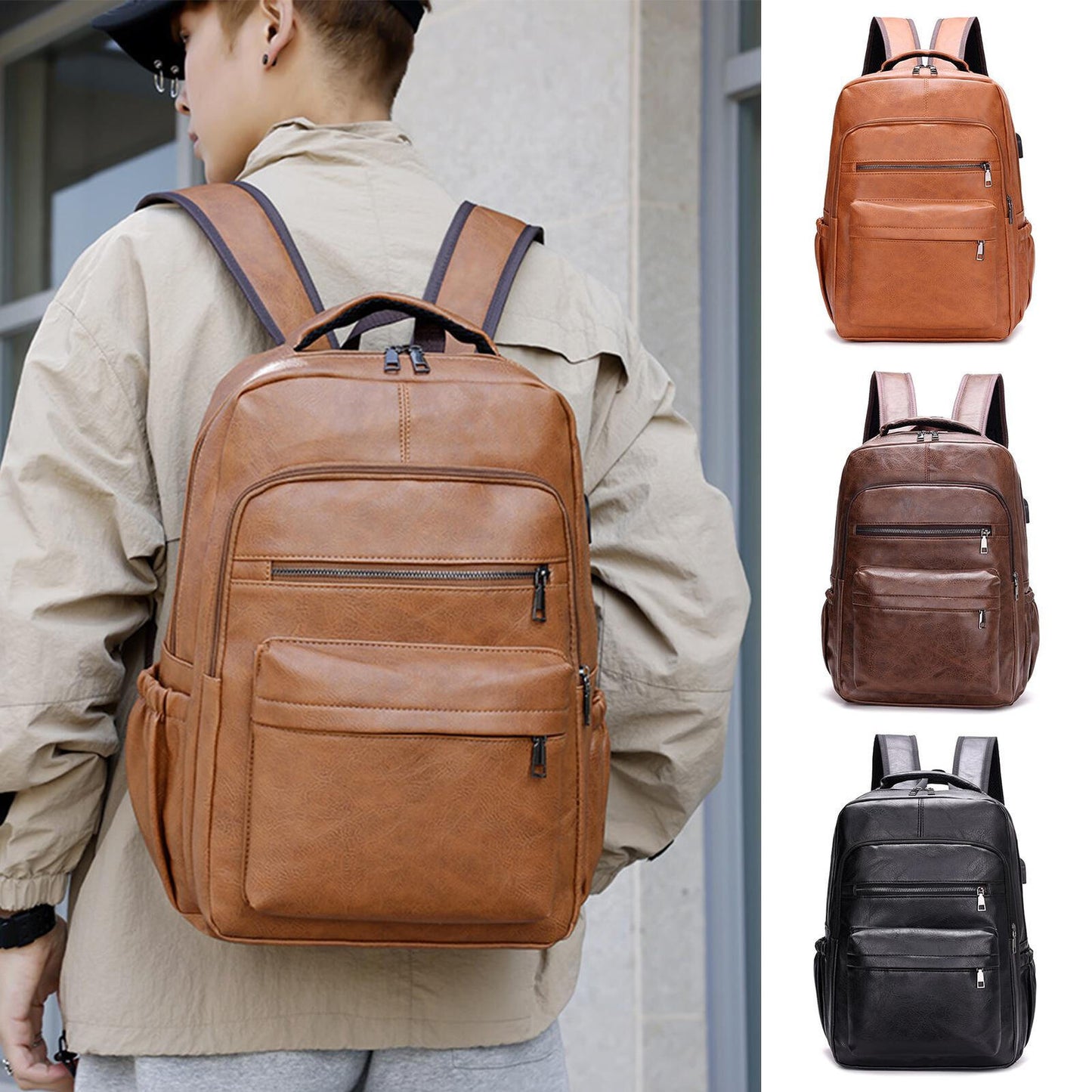 new Leather Laptop Backpack For Men Large Travel Vintage Backpack Waterproof College koeek - KOEEK